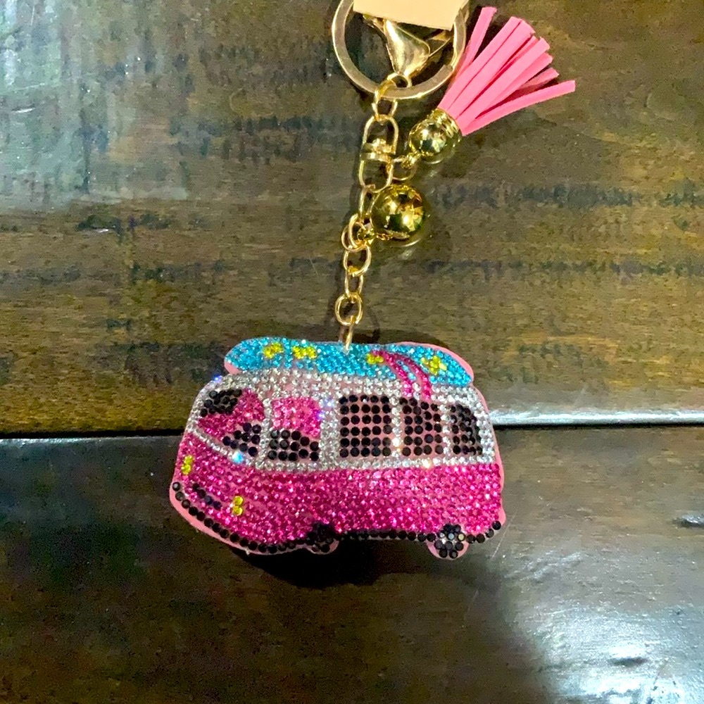 Bling Rhinestone VW Bus in Pink Keychain/ Purse Charm